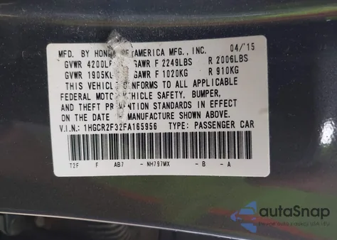 2015 Honda Accord Lx из США, поврежденный, VIN 1HGCR2F32FA165956